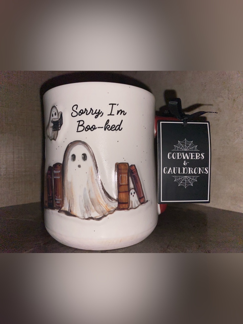 Sorry I'm Boo-ked Halloween Ghost Mug - White with Brown Accents